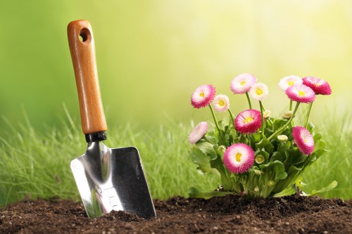 Outdoor garden design with pathways and shrubs in Ardleigh Green